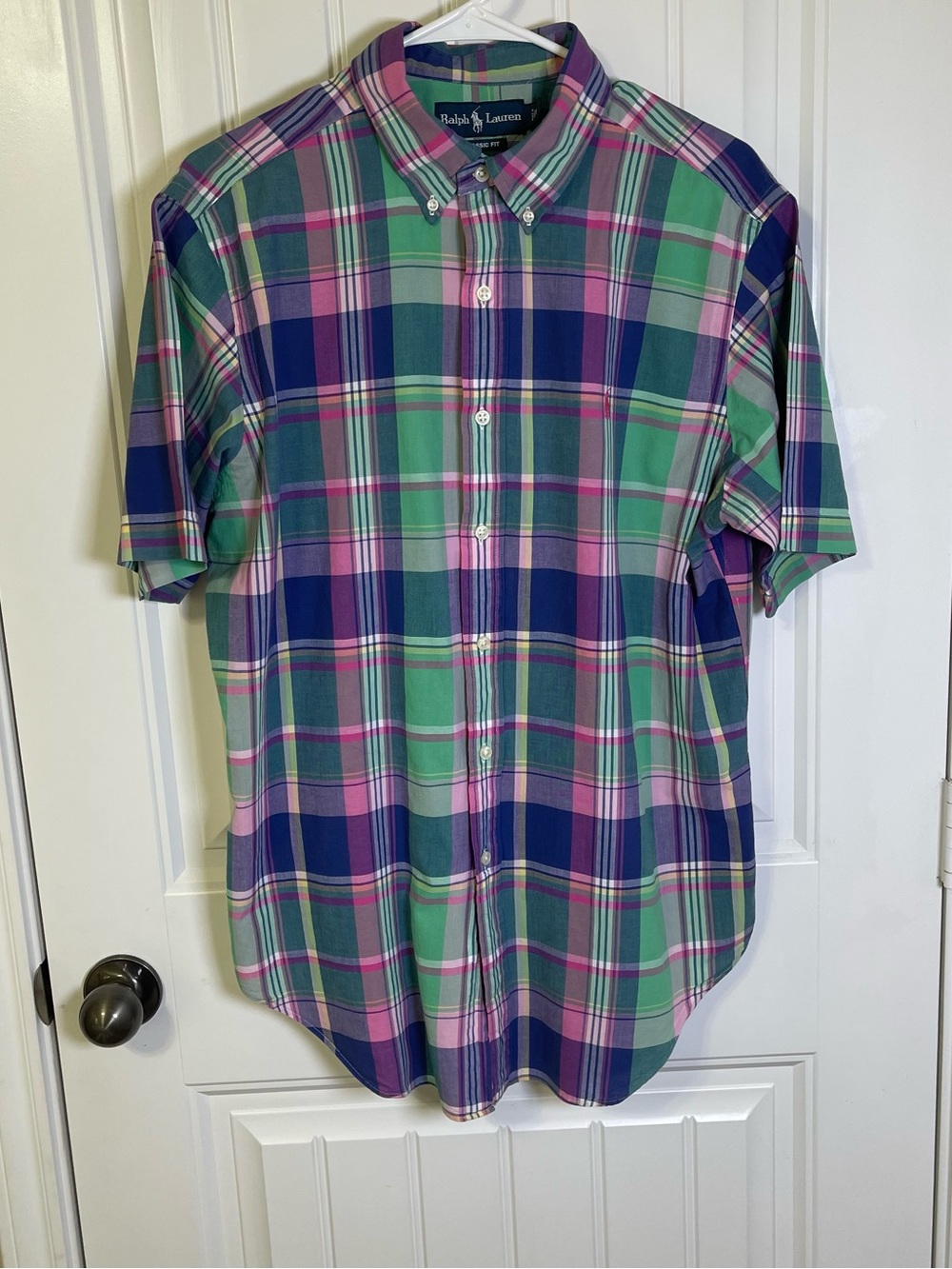 Ralph Lauren Large Green Blue Pink Pony Plaid Short-Sleeve Button-Down Shirt